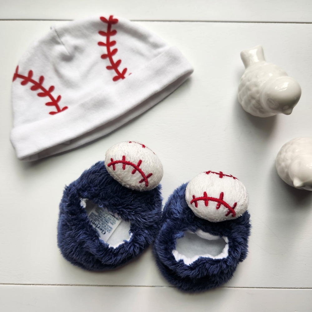 Baby Baseball Hat and Fuzzy Booties Set size 0-6M White Navy Red